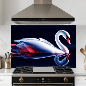 Dosseret en verre trempé, crédence de cuisine cygne blanc, façade arrière de poêle, oeuvre d'art murale en verre trempé, couvercle de cuisinière à gaz, décoration de cuisine