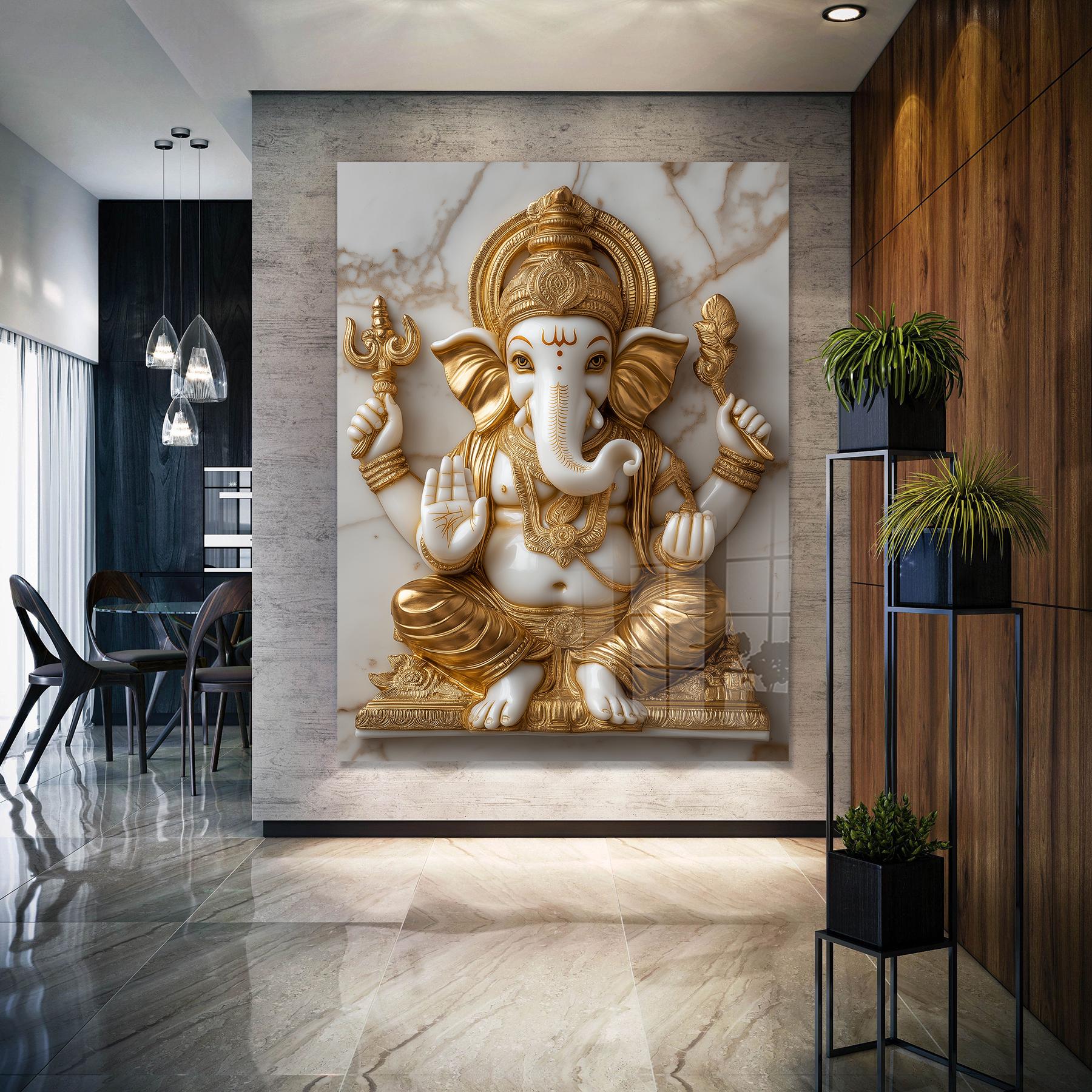 Tempered Glass Ganesh Wall Art: Gold Hindu God Decor