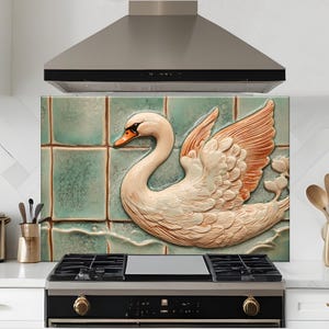 Dosseret cygne en céramique et verre trempé, crédence de cuisine, couverture arrière de cuisinière, oeuvre d'art murale en verre trempé, couvercle de cuisinière à gaz, décoration de cuisine