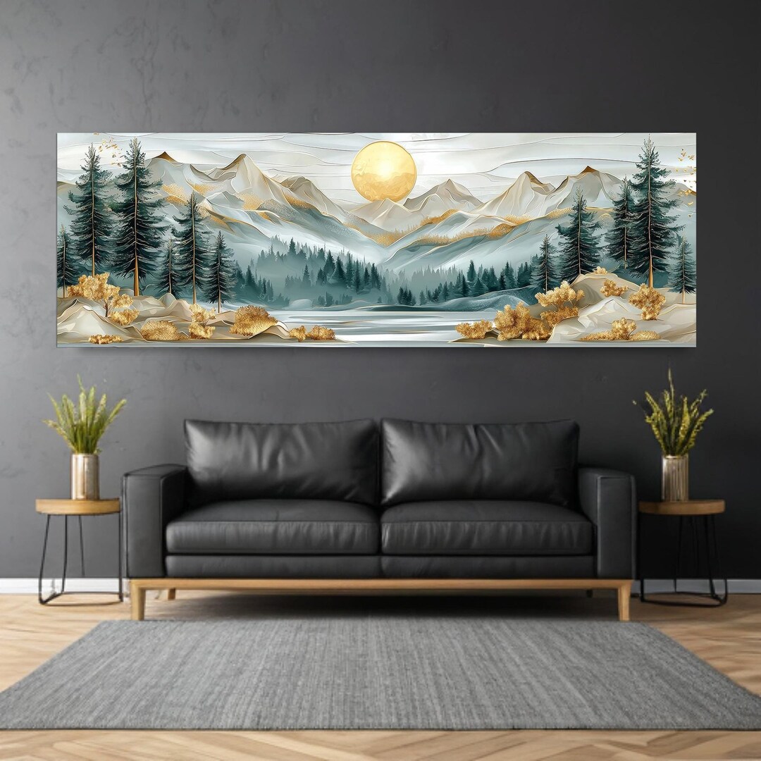 Moonlit Pine Tree Forest Panoramic Wall Art, Full Moon Wildflowe Wall ...