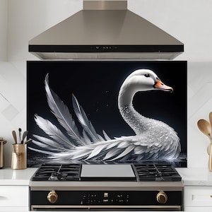 Dosseret cygne blanc, dosseret en verre trempé, crédence de cuisine cygne blanc, couvercle arrière de cuisinière, couvercle de cuisinière pour gaz