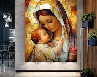 May include: A stained-glass style artwork depicting a mother holding a baby. The mother wears a white veil and a gold-colored halo. The baby has red hair and is wearing a white garment. The background features warm tones of yellow, orange, and red.
