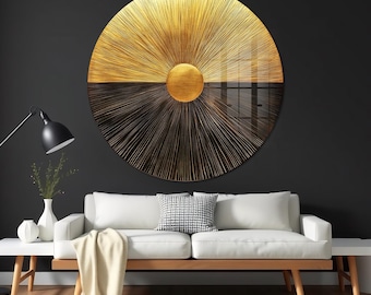 Elegant Gold Black Sunburst Tempered Glass Wall Art: Modern Home Decor