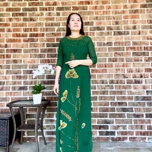 Green Ao Dai Chiffon Double Layer Beaded Long Dress , Korean crystal ,with stretchy 20/100… Áo 4 tà  Kết pha