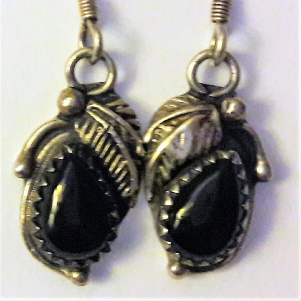 Vintage Sterling Silver and Black Onyx Dangle Earrings 1.25" long wt.3.50