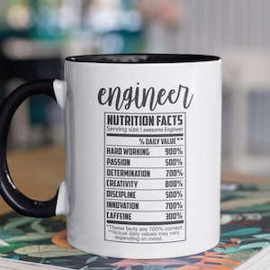 Peut inclure: Mug en céramique blanche avec une anse et un bord noirs. La tasse présente le mot "engineer" en écriture cursive, ainsi qu'une étiquette "Nutrition Facts" énumérant des qualités telles que "Hard Working" et "Caffeine".