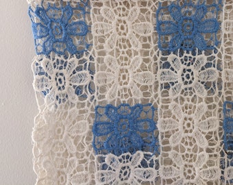 Vintage Blue and White Floral Crocheted Table Runner - Vintage Lace Work