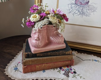 Vintage Glazed Pottery Pink Baby Shoes Planter - Vintage Glazed Pottery Booties Planter Made in USA