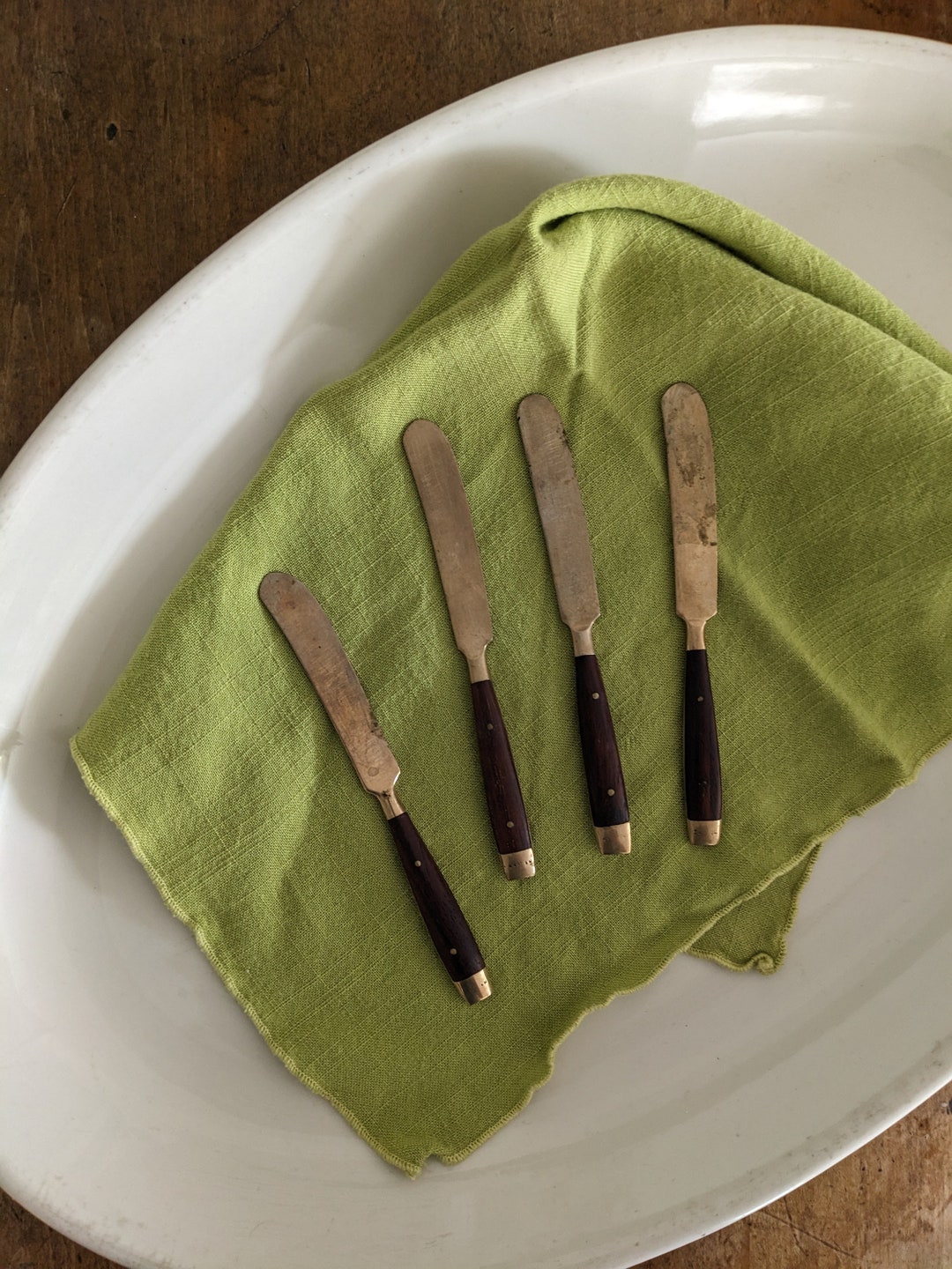Vintage Set of Butter Knives With Inlaid Wood Handles Etsy