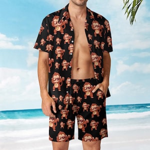 Funny Monkey Meme Matching Set for Men | 2-Piece Summer Outfit | Cool Cartoon Monkey Shirt & Shorts Set | Viral TikTok Aesthetic Clothes