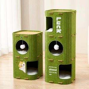 Tour à chat moderne avec griffoirs et jouet pompon | Niche en feutre pour chat toutes saisons | Cachette modulaire multicouche pour chat, vert ou camel