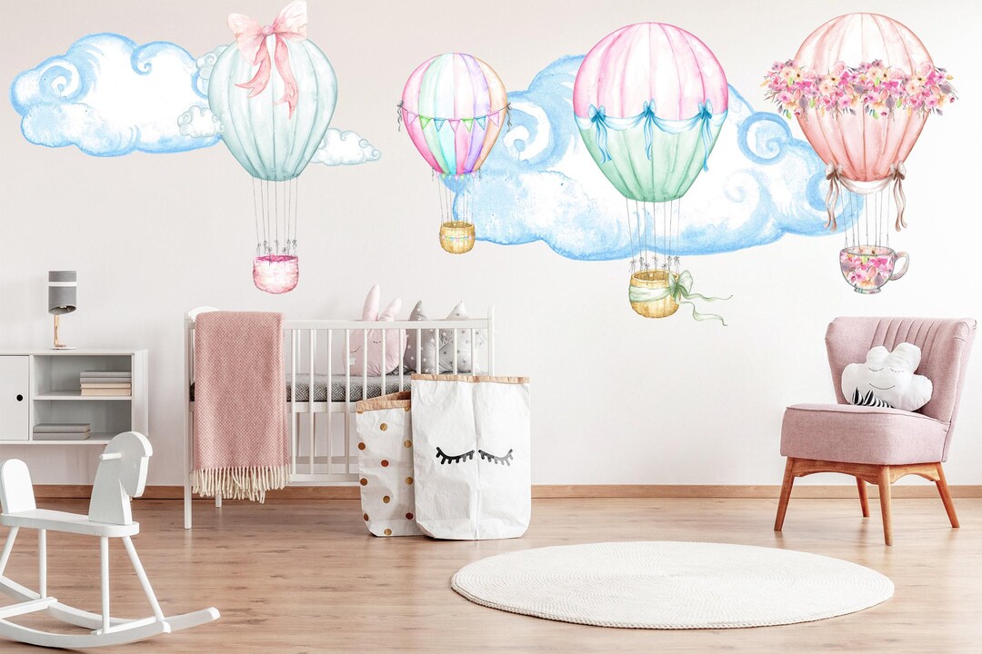 Watercolor Hot Air Balloon Nursery Wall Decals, Pastel Clouds - Etsy