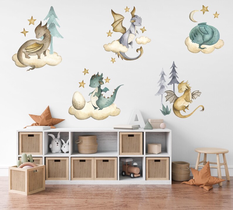 Dragon Nursery Wall Decals, Watercolor Baby Dragons, Boys Room Decor ...