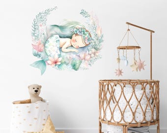Calcomanías de pared de sirena en acuarela, decoración infantil submarina