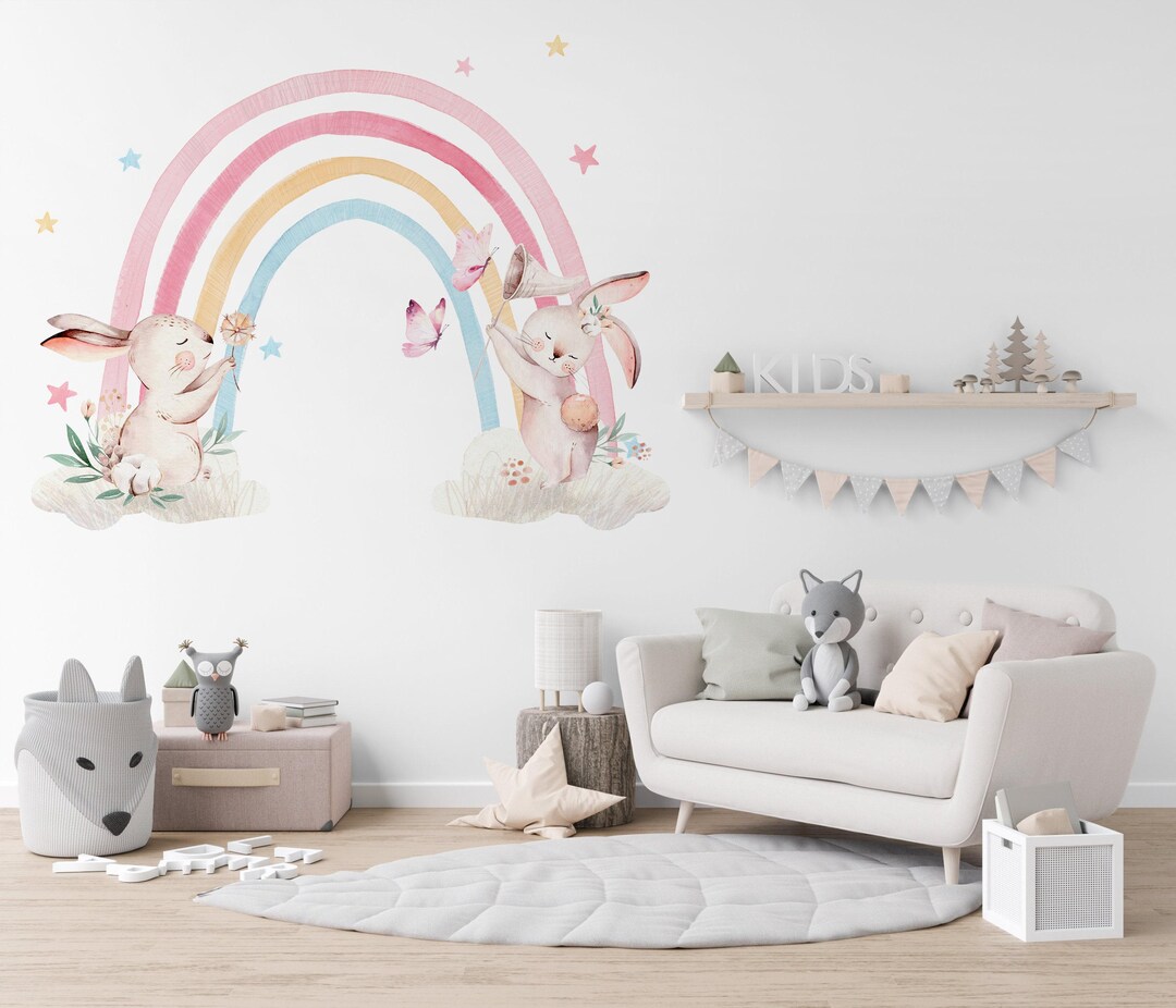 Watercolor Rainbow Wall Sticker, Bunnies, Boho Nursery Decor - Etsy
