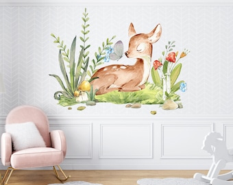 Pegatina de pared para habitación infantil con diseño de ciervo Bambi, calcomanía floral para habitación de niña