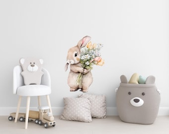 Akvarell väggdekor kanin, blommig barnkammardekor
