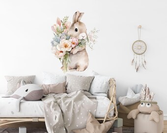 Akvarell väggdekor kanin, blommig barnkammardekor