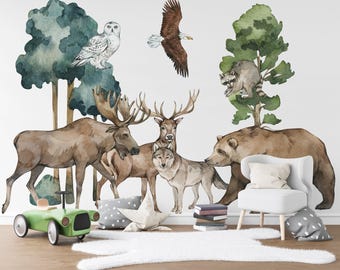 Watercolor Woodland Animals Wall Stickers, Nursery Decor