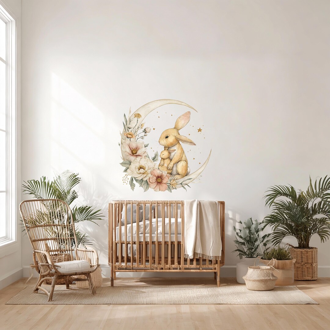 Bunny Rabbit Nursery Wall Sticker Moon and Floral Rabbit Decal, Neutral ...