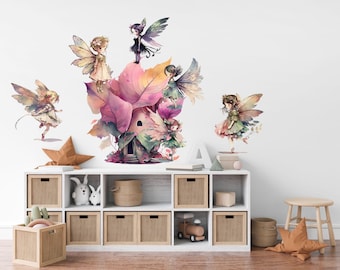 Adesivi murali con fate acquerellabili, decorazioni per la sala giochi dei bambini