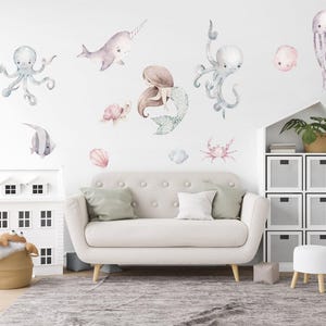 Mermaid Wall Stickers, Under the sea stickers, fish wall stickers, bedroom wall stickers for children&#39;s room, kids wall decals, Mermaids