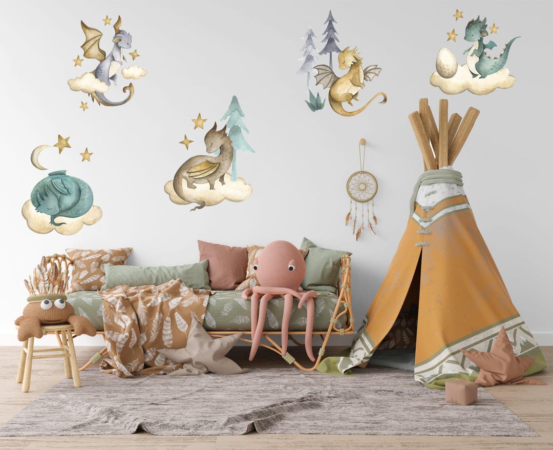 Dragon Nursery Wall Decals, Watercolor Baby Dragons, Boys Room Decor ...