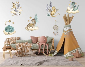 Dragon Nursery Wall Decals, Watercolor Baby Dragons, Boys Room Decor