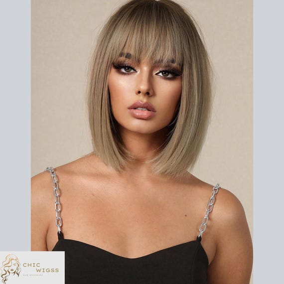 ショートボブウィッグ グラデーションブラウン グラデーションブラウンボブウィッグ、前髪付き、14インチショート