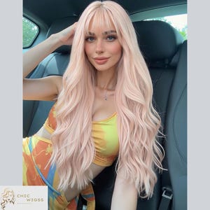 Dusty Pink Long Curly Wig With Fringe, Heat-Resistant Synthetic Hair, Natural-Looking Wig For Women, Daily Wear, Festival, Or Costume