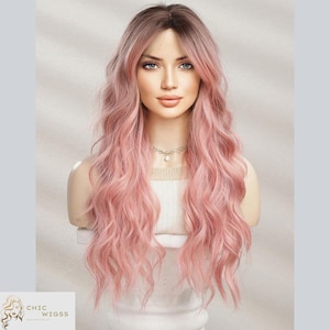 Pink Long Curly Wig With Bangs, 26 Inch Wavy Synthetic Wig For Women, Heat Resistant Natural Hair Wig, Cosplay Party Or Daily Wear