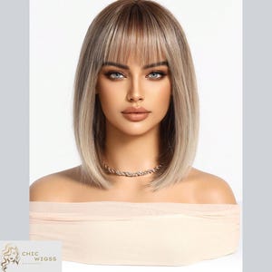 14-Inch Ombre Brown Bob Wig With Straight Bangs, Synthetic Short Hair Wig For Women, Natural-Looking Wig, Ideal For Daily Or Party Wear