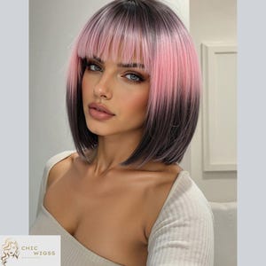 Pink Ombre Bob Wig With Bangs, Short Straight Synthetic Wig, 12-Inch Heat-Resistant Fiber, Stylish Women's Wig For Party Or Everyday Wear