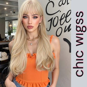 Platinum Blonde Long Wavy Wig With Bangs – 26 Inch Heat Resistant Synthetic Wig For Women, Natural Look For Daily Wear, Party Or Cosplay
