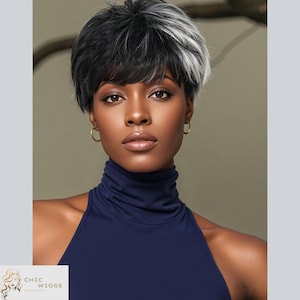 Short Pixie Wig With Bangs, Black And Silver Highlighted Wig, Synthetic Heat-Resistant Wig, Fashionable Hairpiece For Women, Cosplay Or Dail
