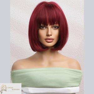 Wine Red Short Bob Wig With Bangs, 12 Inch Synthetic Wig, Natural Soft Hair, Heat Resistant Daily Wear Wig For Women, Cosplay Or Party Wig