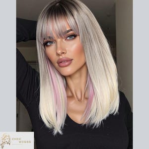 Gradient Blonde Pink Straight Wig With Bangs, Heat-Resistant Synthetic Hair, Natural Ombre Wig For Women, Perfect For Party Or Daily Wear