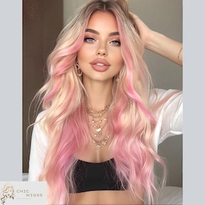 26-Inch Pink Highlight Wig, Long Wavy Synthetic Wig With Middle Part, Heat-Resistant Natural-Looking Wig For Women, Daily Wear Or Cosplay