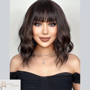 Natural Short Curly Wig With Bangs, Dark Brown Wavy Synthetic Wig, Heat-Resistant Fashion Wig For Women, Daily Wear Or Party