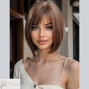 Short Brown Bob Wig With Bangs, Straight Synthetic Hair, Heat Resistant Wig For Women, Natural Look, Daily Or Party Wear