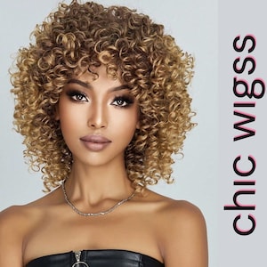 Afro Kinky Curly Wig With Bangs – Brown Blonde Mix Synthetic Shoulder Length Wig For Women, Natural Look For Daily Wear, Party Or Fashion