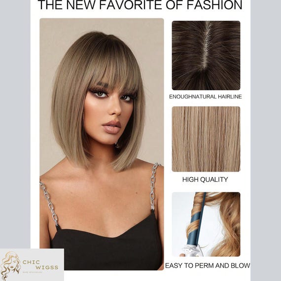 グラデーションブラウンボブウィッグ、前髪付き、14インチショート