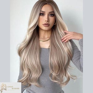 28インチロングウェーブブラウンウィッグ、合成耐熱毛、女性用ナチュラルミドルパートウィッグ、ソフトカーリーヘア、コスプレパーティーデイリーウェア