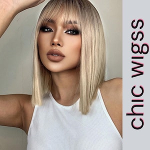 14&quot; Ombre Blonde Bob Wig with Bangs – Sleek Straight Synthetic Wig for Women – Heat-Resistant Daily Wear Wig for Stylish, Modern Looks