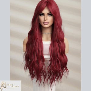 Long Red Wig With Bangs, Wavy Synthetic Hair, Heat Resistant Middle Part Wig For Women, Cosplay Or Daily Wear, Halloween Or Party Wig