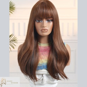 22-Inch Long Brown Wig With Bangs, Heat-Resistant Synthetic Straight Hair Wig For Women, Natural-Looking Ladies Wig For Daily Or Party Wear
