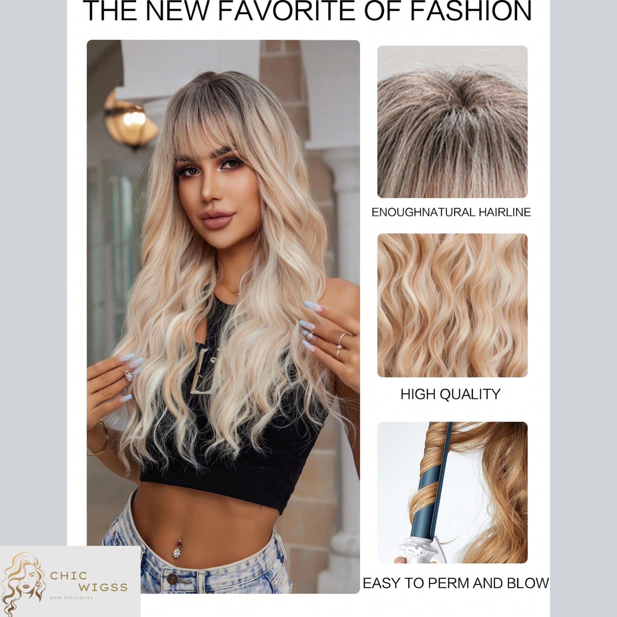 Parrucca Lunga 24 Pollici, Ondulata Con Frangia, Sfumatura Bionda - Foto 10