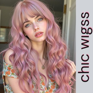 Long Pink Curly Wavy Wig With Bangs – Natural Looking 26 Inch Heat Resistant Synthetic Wig For Women, Daily Wear, Party Or Cosplay Style