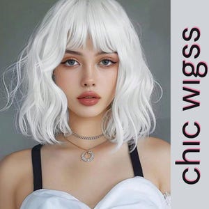 Short Platinum Blonde Bob Wig With Bangs – Ombre Light Wavy Synthetic Cosplay Wig For Women, Heat Resistant Daily Wear Or Party Fashion Look