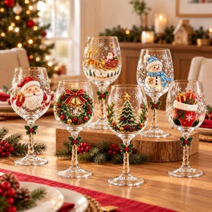May include: A set of five clear glass wine glasses featuring festive holiday designs including Santa Claus, a reindeer sleigh, a snowman, a Christmas tree, and a stocking. Each stem is decorated with holly leaves and gold accents.